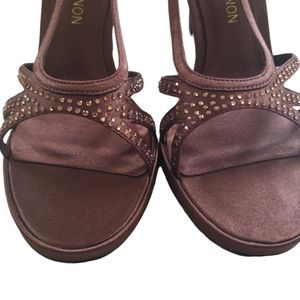 NWOB Brown Satin Evening Shoes with Bronze Crystal Detail,Sz 7.5 M.Shannon
